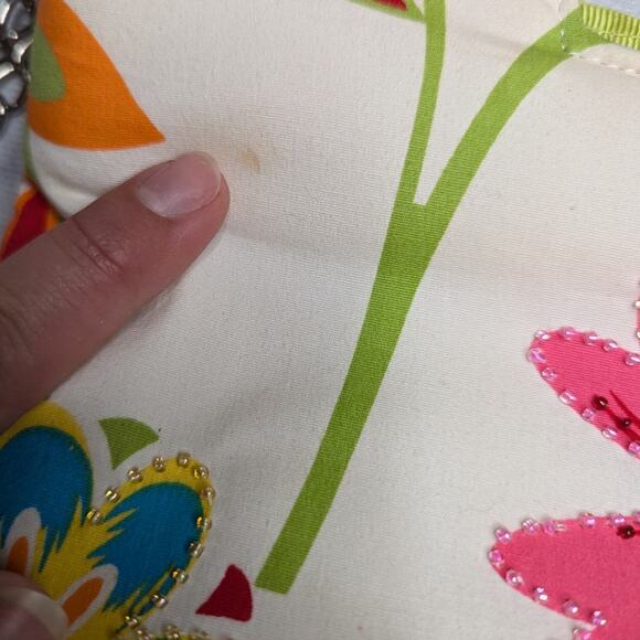 Vtg Y2K Braciano White Tropical Floral Print Beaded Bamboo Handle Clutch Bag - Picture 4 of 6